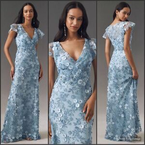 MAC DUGGAL 68192  Blue Embroidered Applique Wrap Over Flutter Sleeve Gown